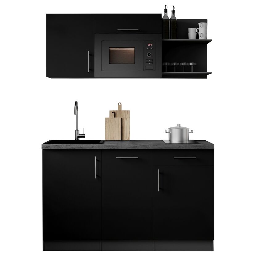 Küchenzeile 'Oliver' mit E-Geräten schwarz/grau 145 cm