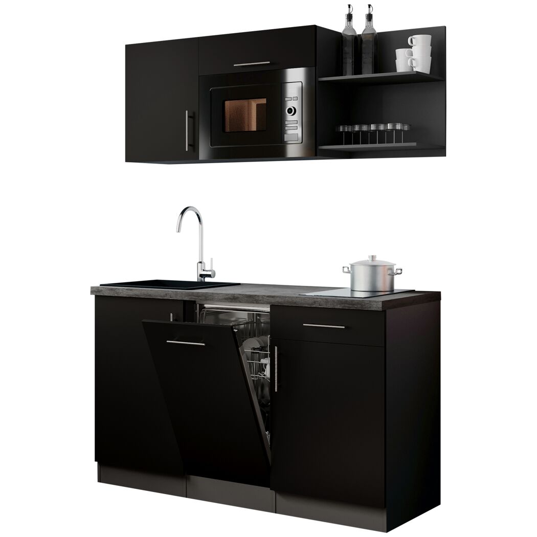 Küchenzeile 'Oliver' mit E-Geräten schwarz/grau 145 cm