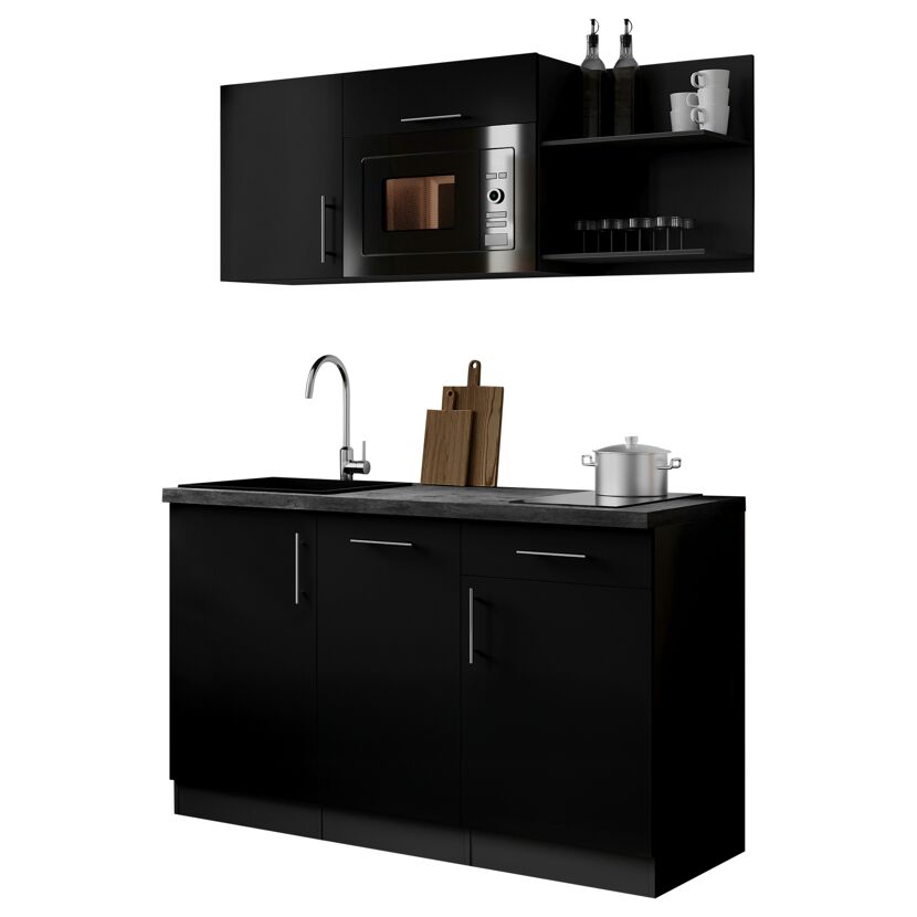 Küchenzeile 'Oliver' mit E-Geräten schwarz/grau 145 cm