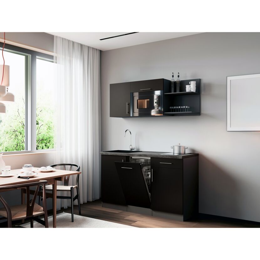 Küchenzeile 'Oliver' mit E-Geräten schwarz/grau 145 cm