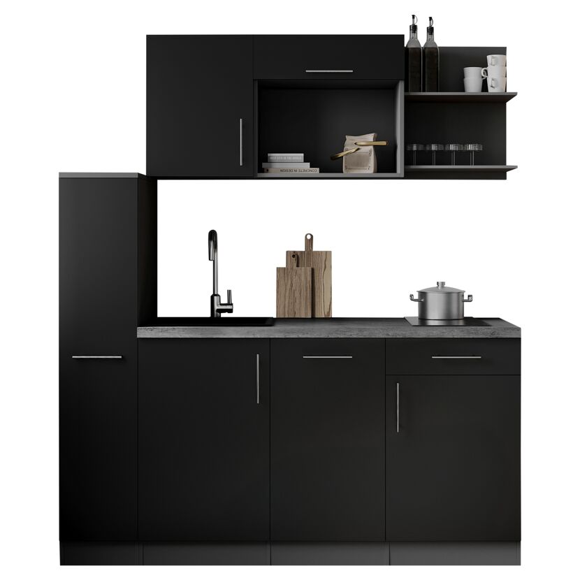 Küchenzeile 'Oliver' mit E-Geräten schwarz/grau 175 cm