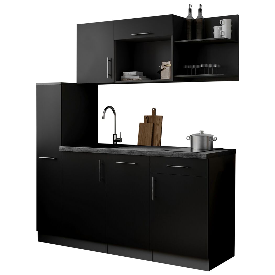 Küchenzeile 'Oliver' mit E-Geräten schwarz/grau 175 cm