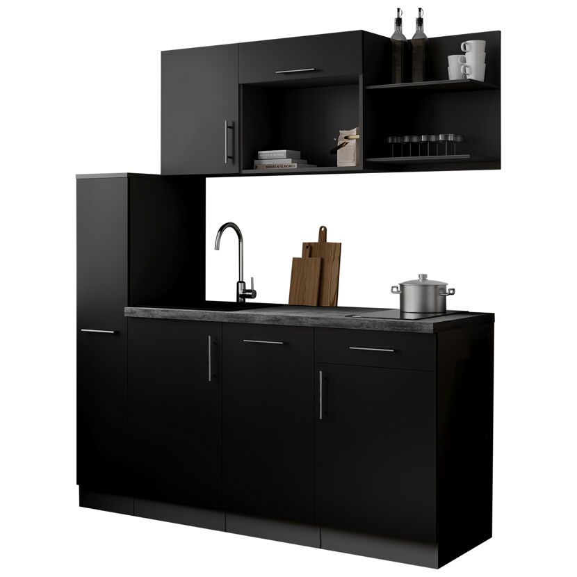 Küchenzeile 'Oliver' mit E-Geräten schwarz/grau 175 cm