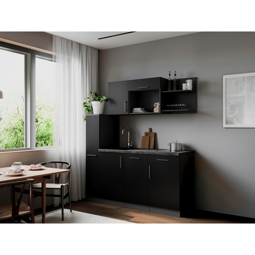 Küchenzeile 'Oliver' mit E-Geräten schwarz/grau 175 cm