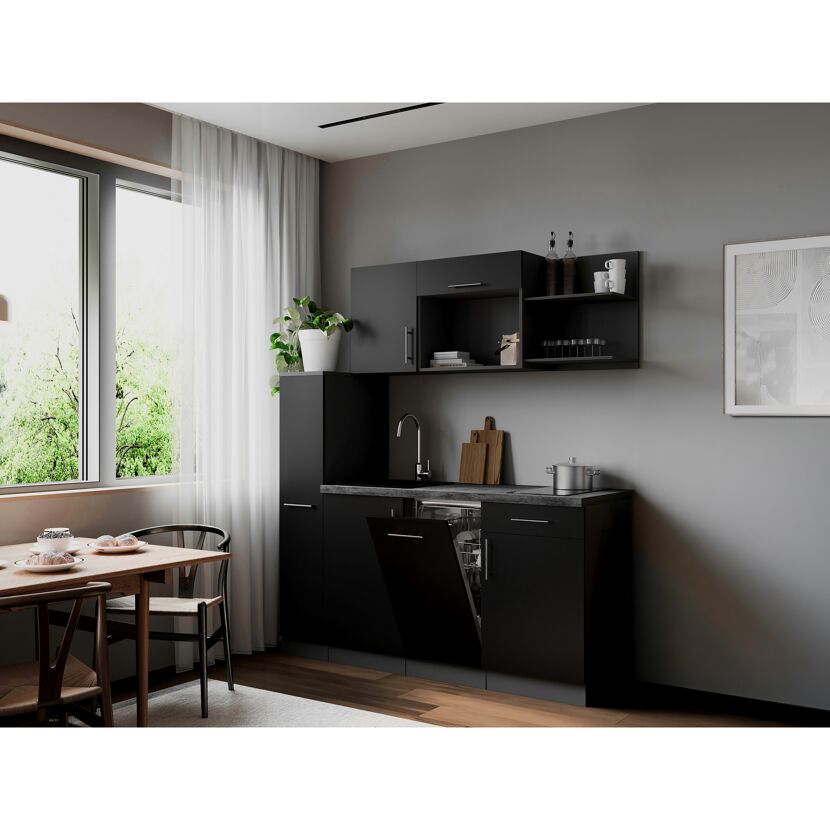 Küchenzeile 'Oliver' mit E-Geräten schwarz/grau 175 cm