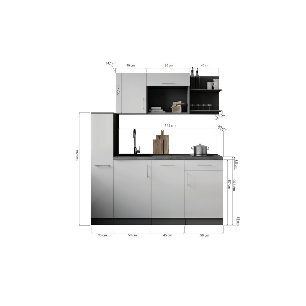 Küchenzeile 'Oliver' mit E-Geräten schwarz/grau 175 cm