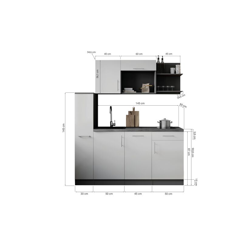 Küchenzeile 'Oliver' mit E-Geräten schwarz/grau 175 cm