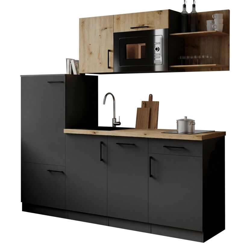 Küchenzeile 'Oliver' mit E-Geräten eichefarben/grau 205 cm