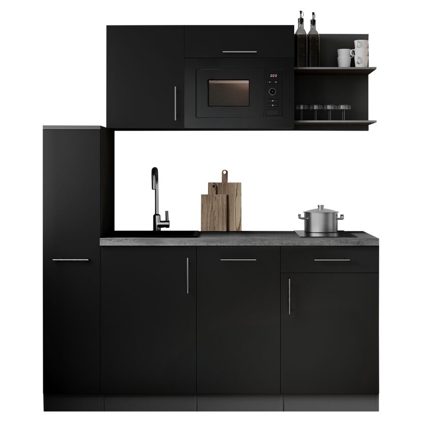Küchenzeile 'Oliver' mit E-Geräten schwarz/grau 175 cm