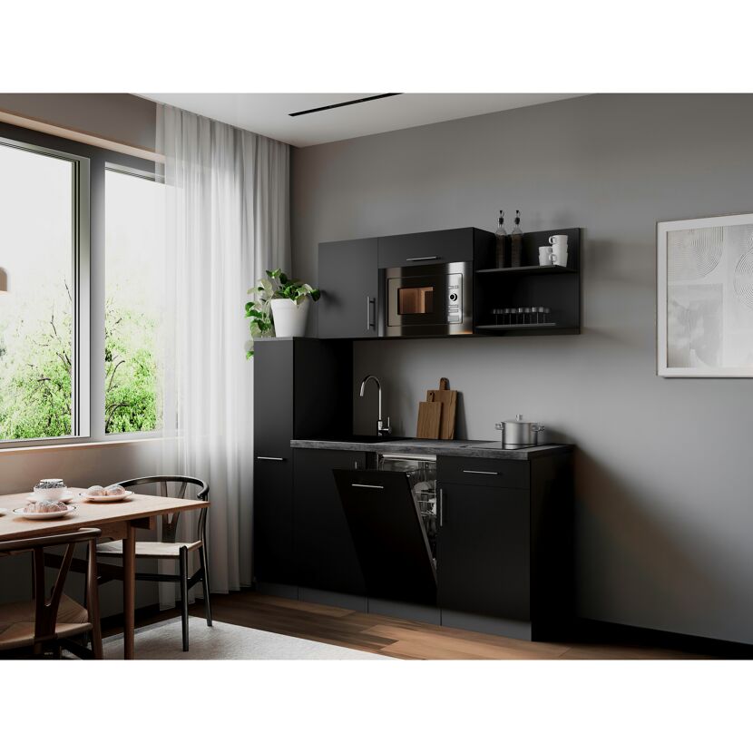 Küchenzeile 'Oliver' mit E-Geräten schwarz/grau 175 cm