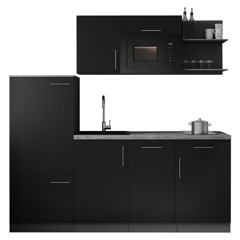Küchenzeile 'Oliver' mit E-Geräten schwarz/grau 205 cm