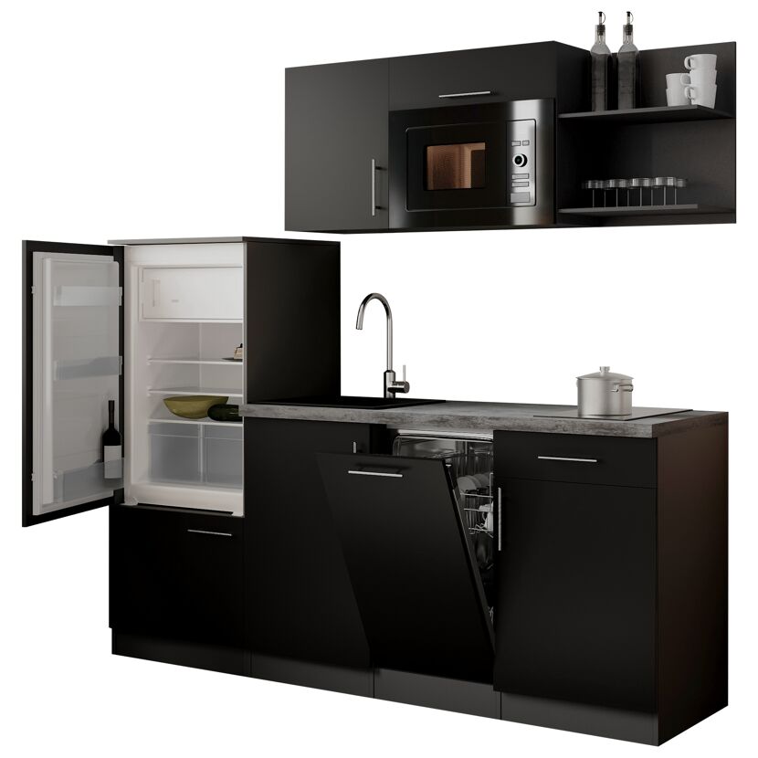 Küchenzeile 'Oliver' mit E-Geräten schwarz/grau 205 cm