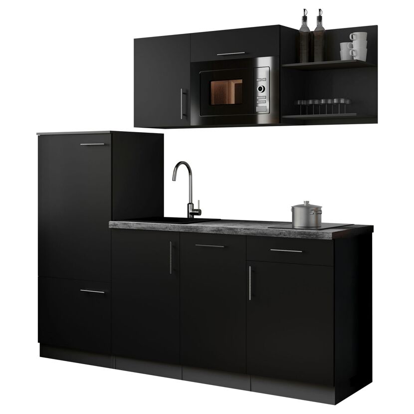 Küchenzeile 'Oliver' mit E-Geräten schwarz/grau 205 cm