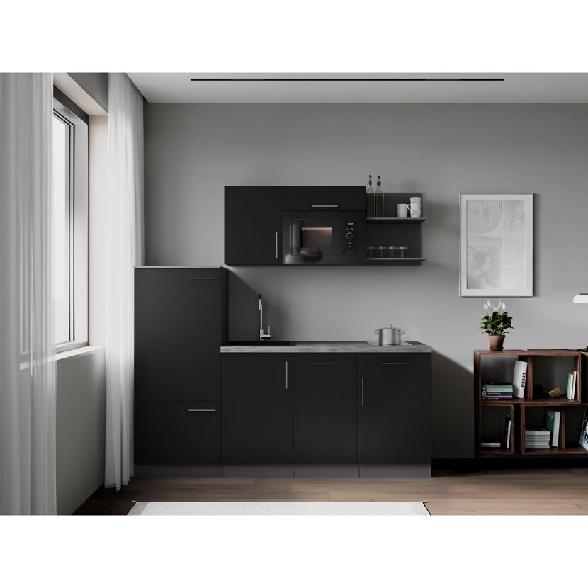 Küchenzeile 'Oliver' mit E-Geräten schwarz/grau 205 cm