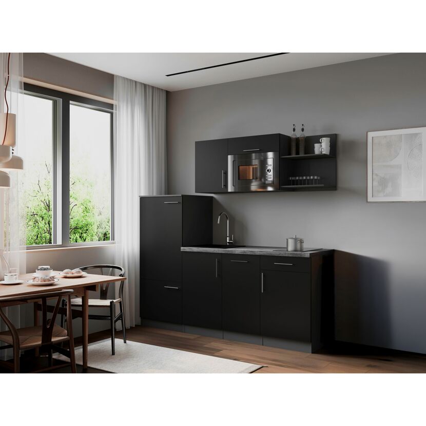 Küchenzeile 'Oliver' mit E-Geräten schwarz/grau 205 cm