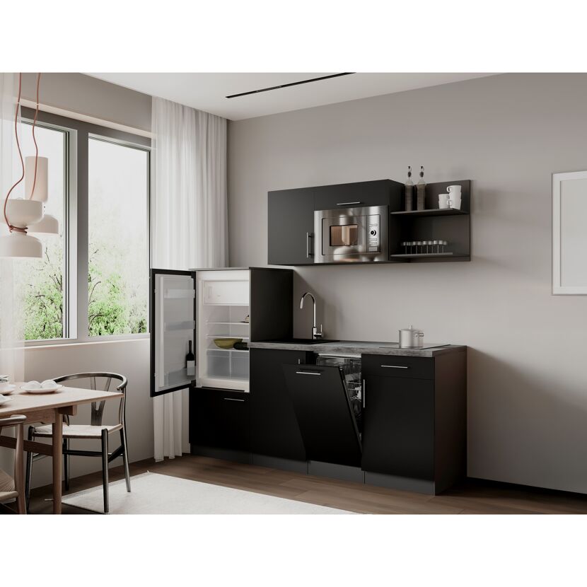Küchenzeile 'Oliver' mit E-Geräten schwarz/grau 205 cm