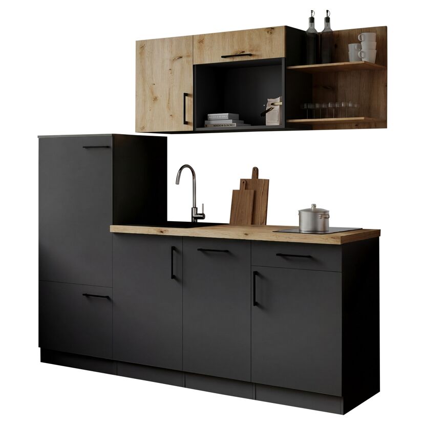 Küchenzeile 'Oliver' mit E-Geräten eichefarben/grau 205 cm