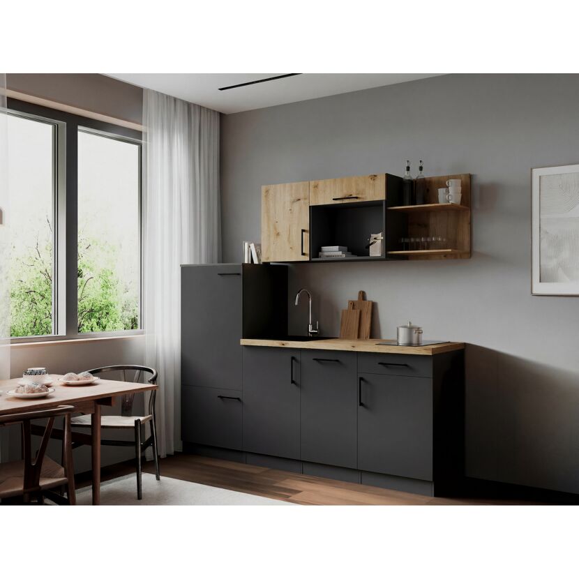 Küchenzeile 'Oliver' mit E-Geräten eichefarben/grau 205 cm
