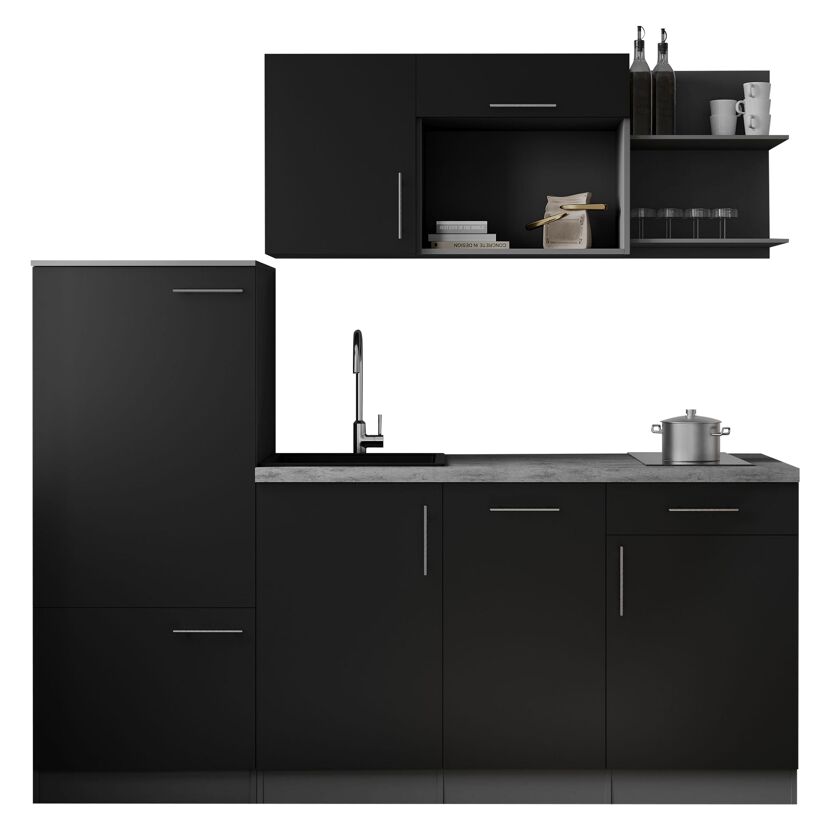 Küchenzeile 'Oliver' mit E-Geräten schwarz/grau 205 cm