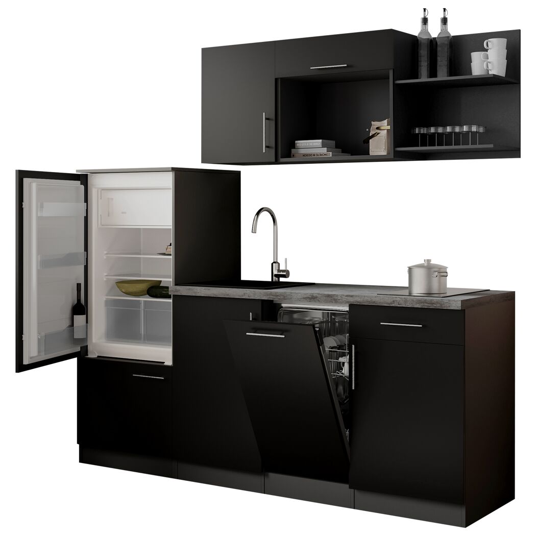 Küchenzeile 'Oliver' mit E-Geräten schwarz/grau 205 cm