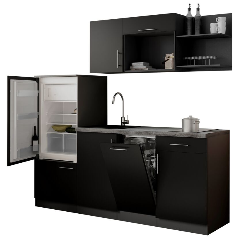 Küchenzeile 'Oliver' mit E-Geräten schwarz/grau 205 cm