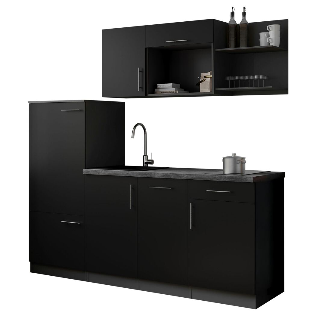 Küchenzeile 'Oliver' mit E-Geräten schwarz/grau 205 cm