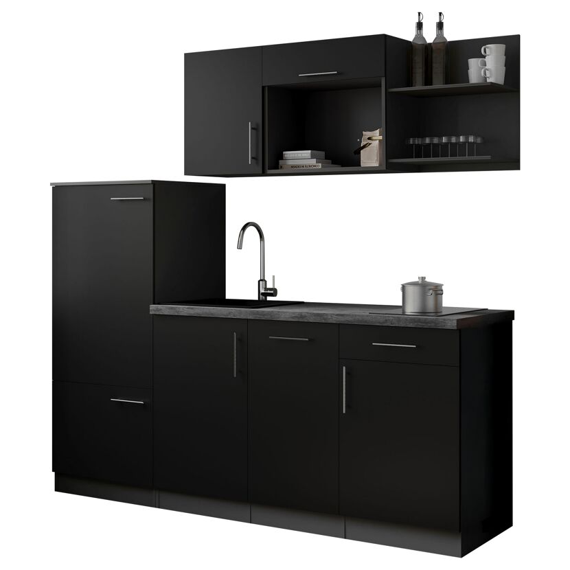 Küchenzeile 'Oliver' mit E-Geräten schwarz/grau 205 cm