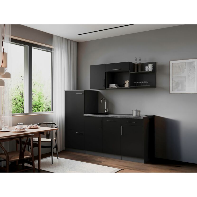 Küchenzeile 'Oliver' mit E-Geräten schwarz/grau 205 cm