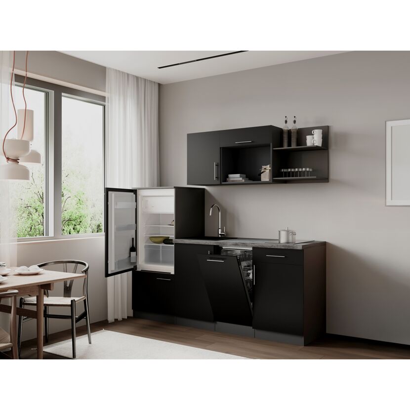 Küchenzeile 'Oliver' mit E-Geräten schwarz/grau 205 cm