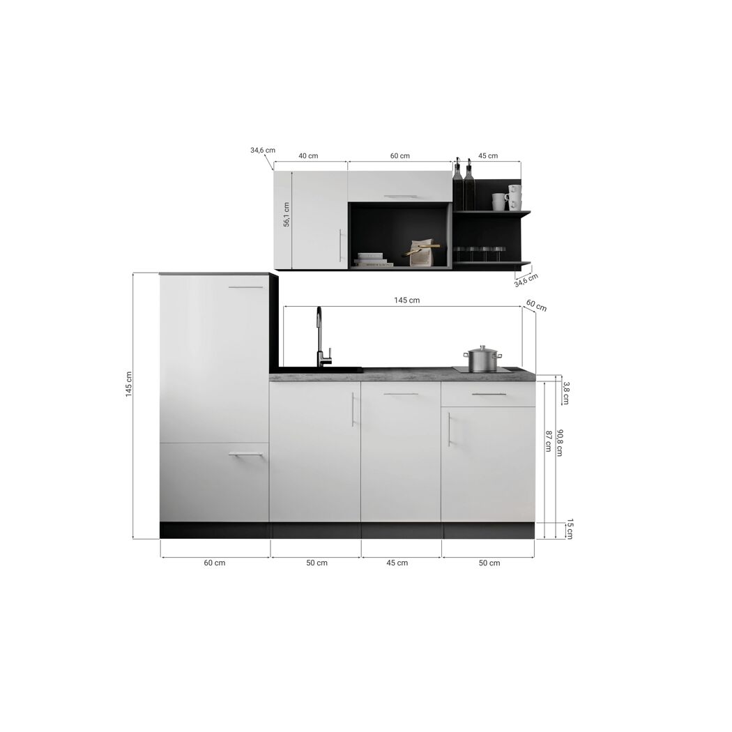 Küchenzeile 'Oliver' mit E-Geräten schwarz/grau 205 cm