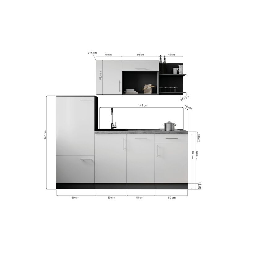 Küchenzeile 'Oliver' mit E-Geräten schwarz/grau 205 cm
