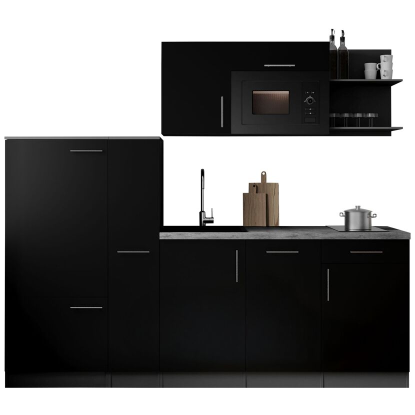Küchenzeile 'Oliver' mit E-Geräten schwarz/grau 235 cm