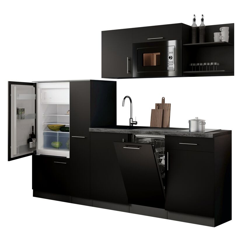 Küchenzeile 'Oliver' mit E-Geräten schwarz/grau 235 cm