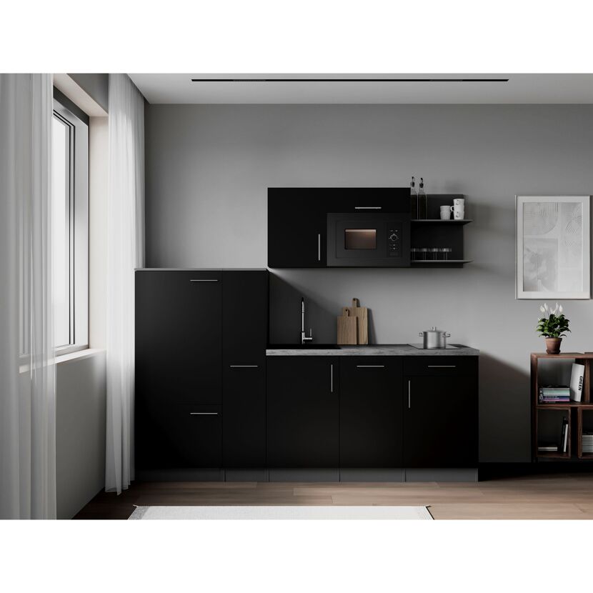 Küchenzeile 'Oliver' mit E-Geräten schwarz/grau 235 cm
