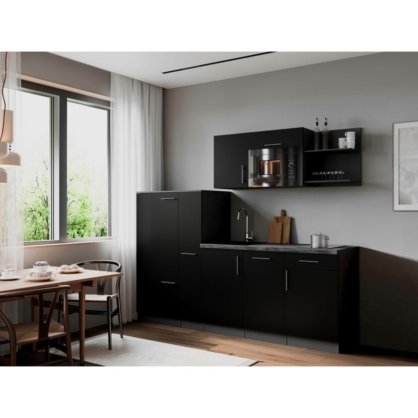 Küchenzeile 'Oliver' mit E-Geräten schwarz/grau 235 cm
