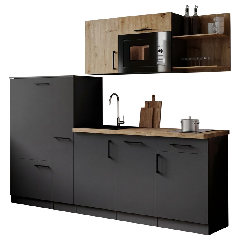Küchenzeile 'Oliver' mit E-Geräten eichefarben/grau 235 cm
