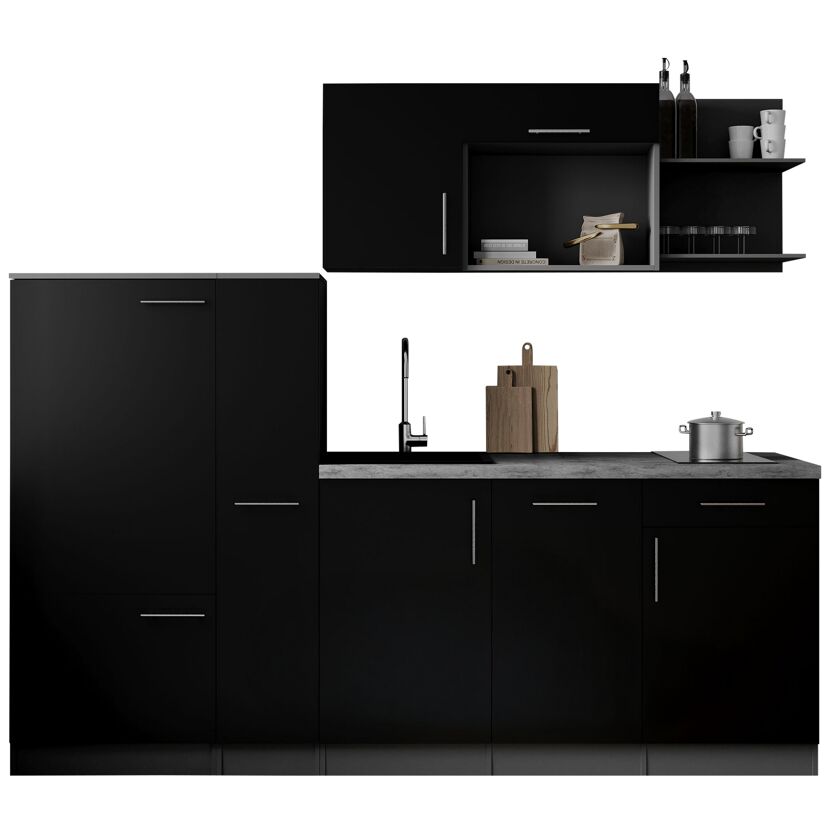 Küchenzeile 'Oliver' mit E-Geräten schwarz/grau 235 cm