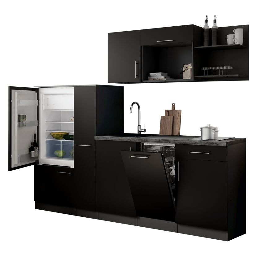 Küchenzeile 'Oliver' mit E-Geräten schwarz/grau 235 cm
