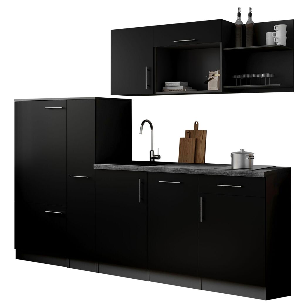 Küchenzeile 'Oliver' mit E-Geräten schwarz/grau 235 cm