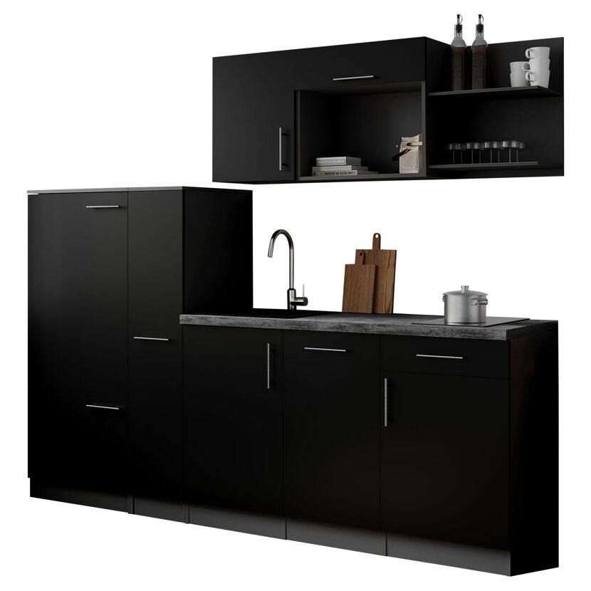 Küchenzeile 'Oliver' mit E-Geräten schwarz/grau 235 cm