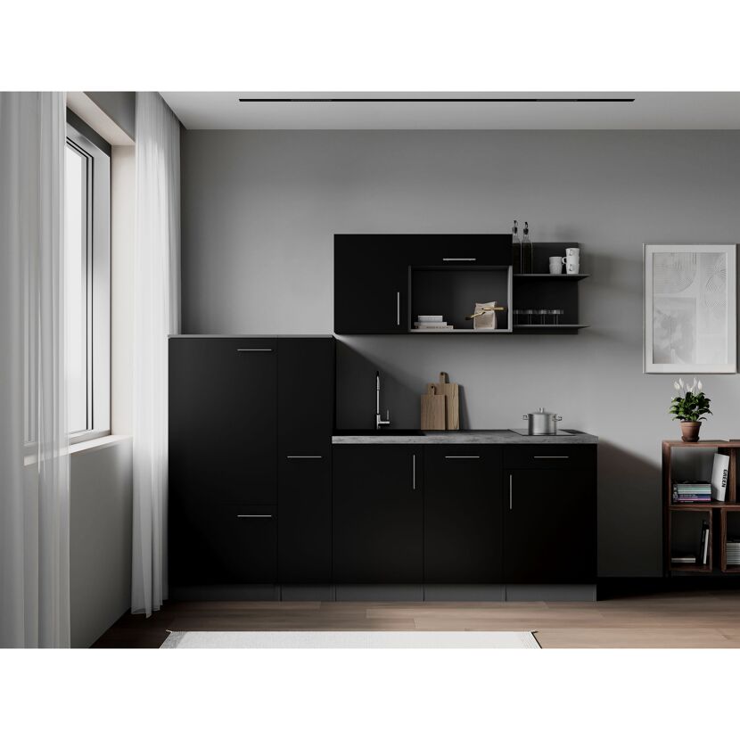 Küchenzeile 'Oliver' mit E-Geräten schwarz/grau 235 cm