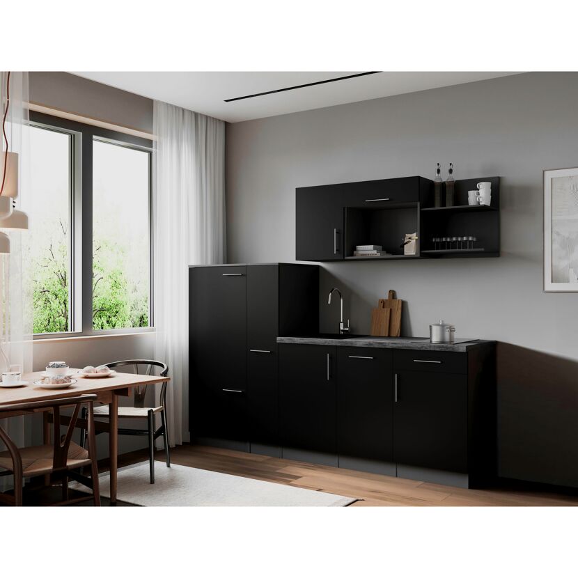 Küchenzeile 'Oliver' mit E-Geräten schwarz/grau 235 cm