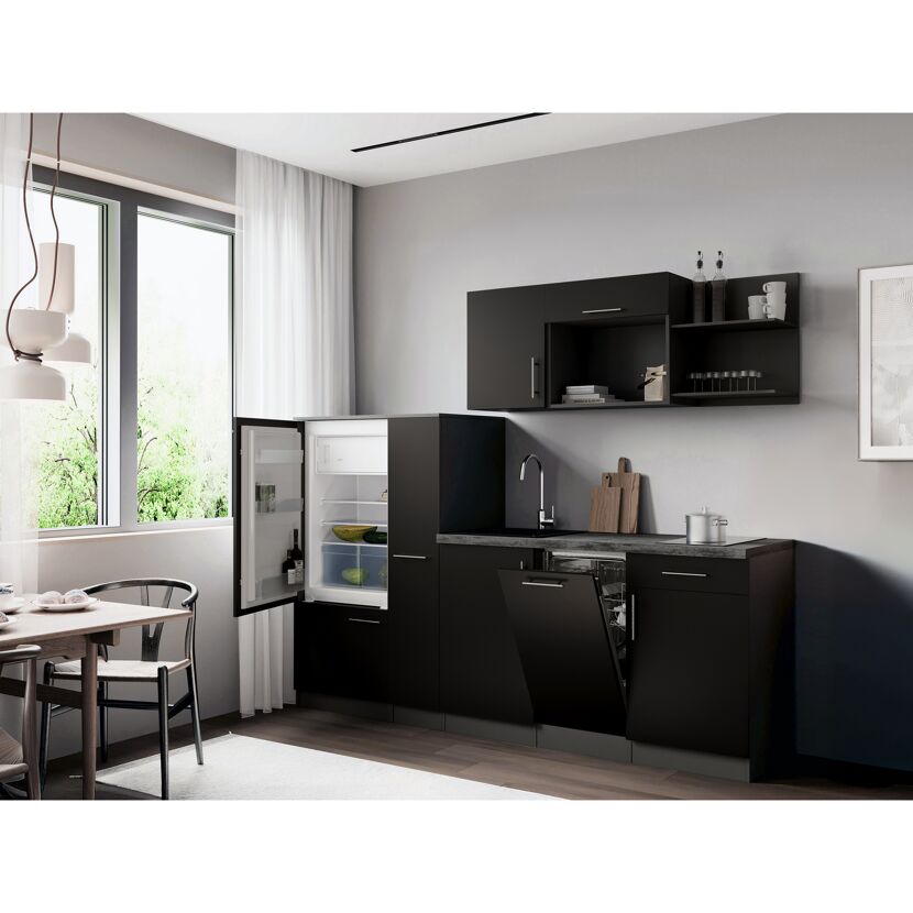 Küchenzeile 'Oliver' mit E-Geräten schwarz/grau 235 cm