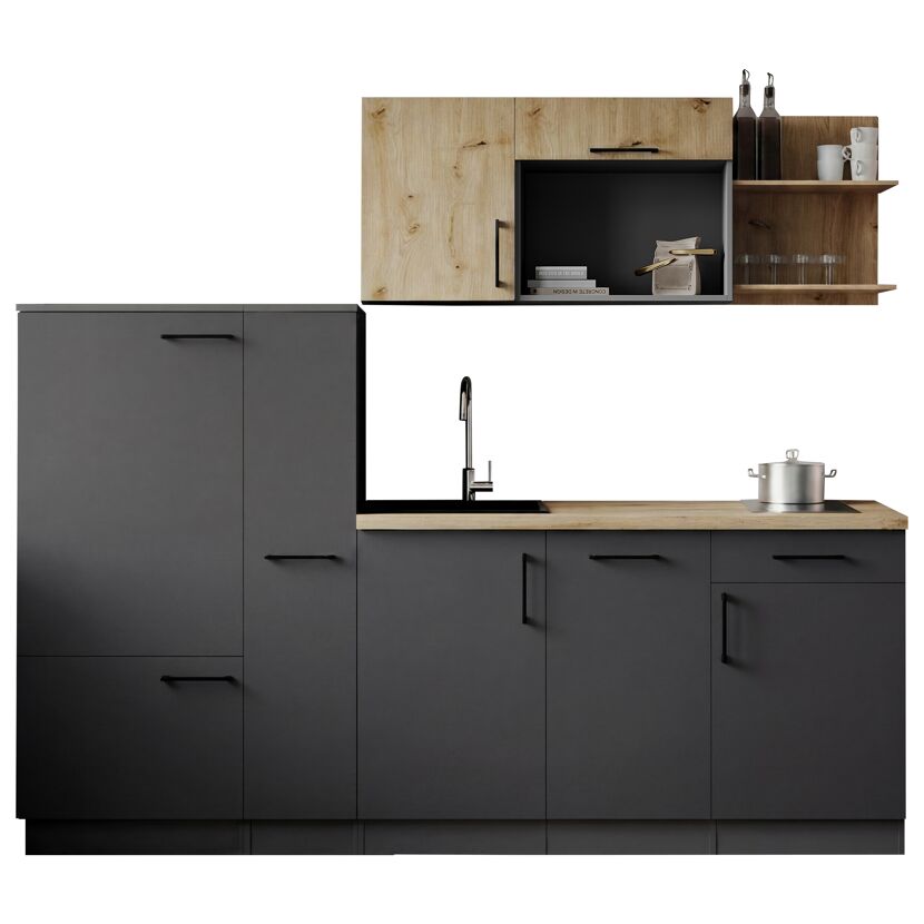 Küchenzeile 'Oliver' mit E-Geräten eichefarben/grau 235 cm