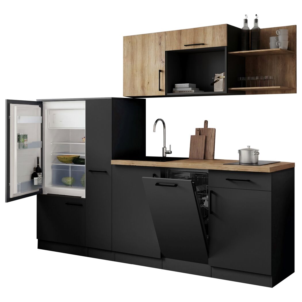 Küchenzeile 'Oliver' mit E-Geräten eichefarben/grau 235 cm