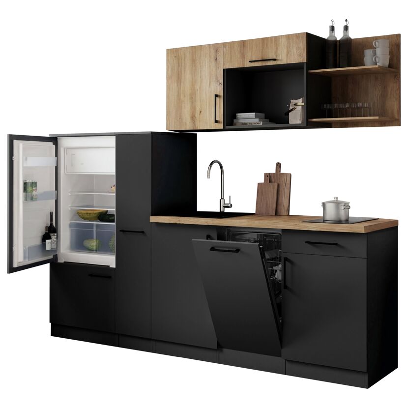 Küchenzeile 'Oliver' mit E-Geräten eichefarben/grau 235 cm