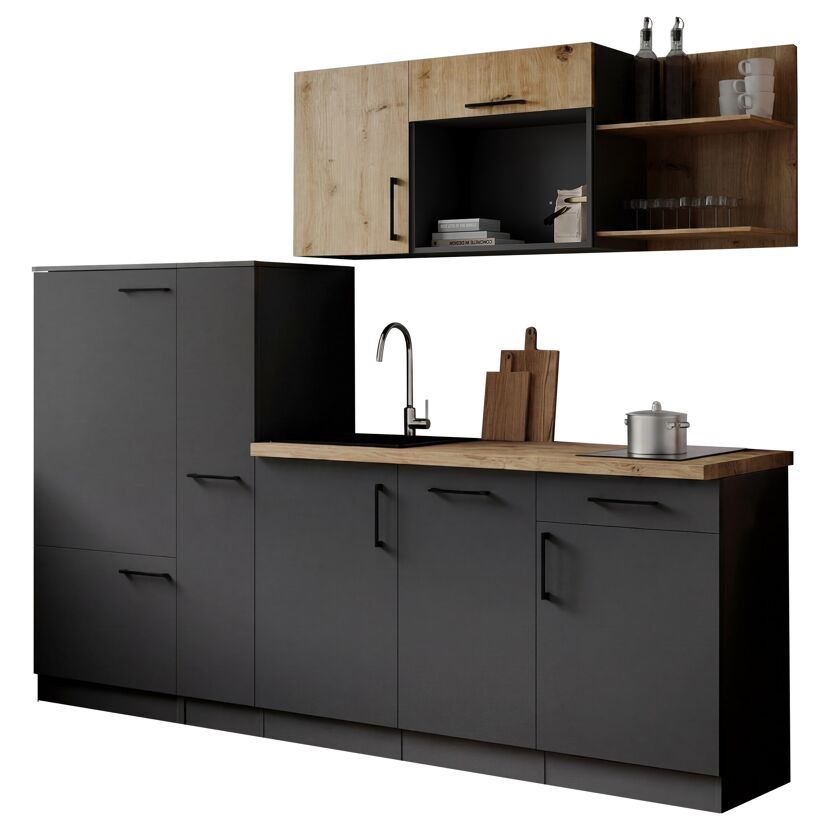 Küchenzeile 'Oliver' mit E-Geräten eichefarben/grau 235 cm