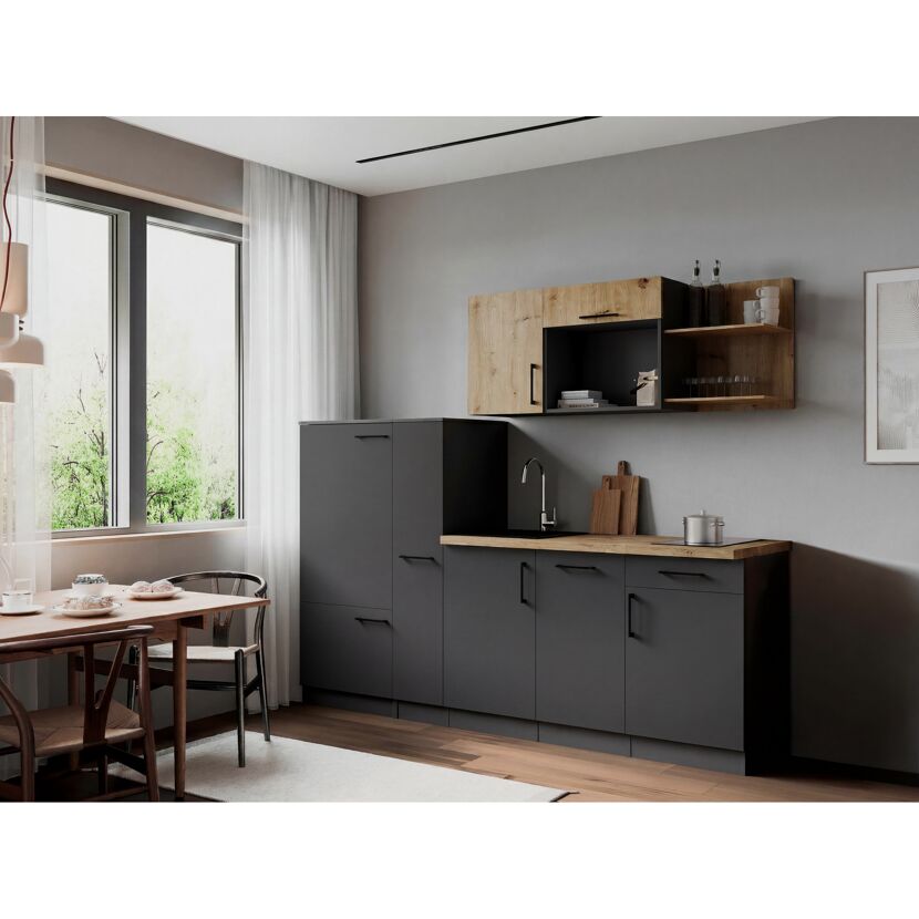 Küchenzeile 'Oliver' mit E-Geräten eichefarben/grau 235 cm