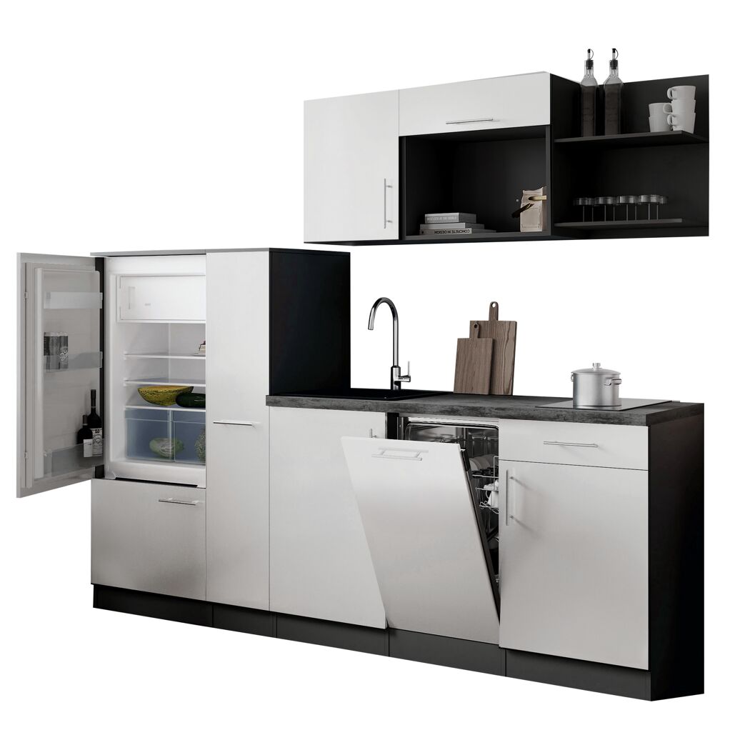 Küchenzeile 'Oliver' mit E-Geräten weiß/grau 235 cm