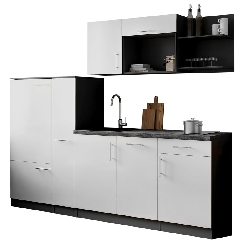 Küchenzeile 'Oliver' mit E-Geräten weiß/grau 235 cm
